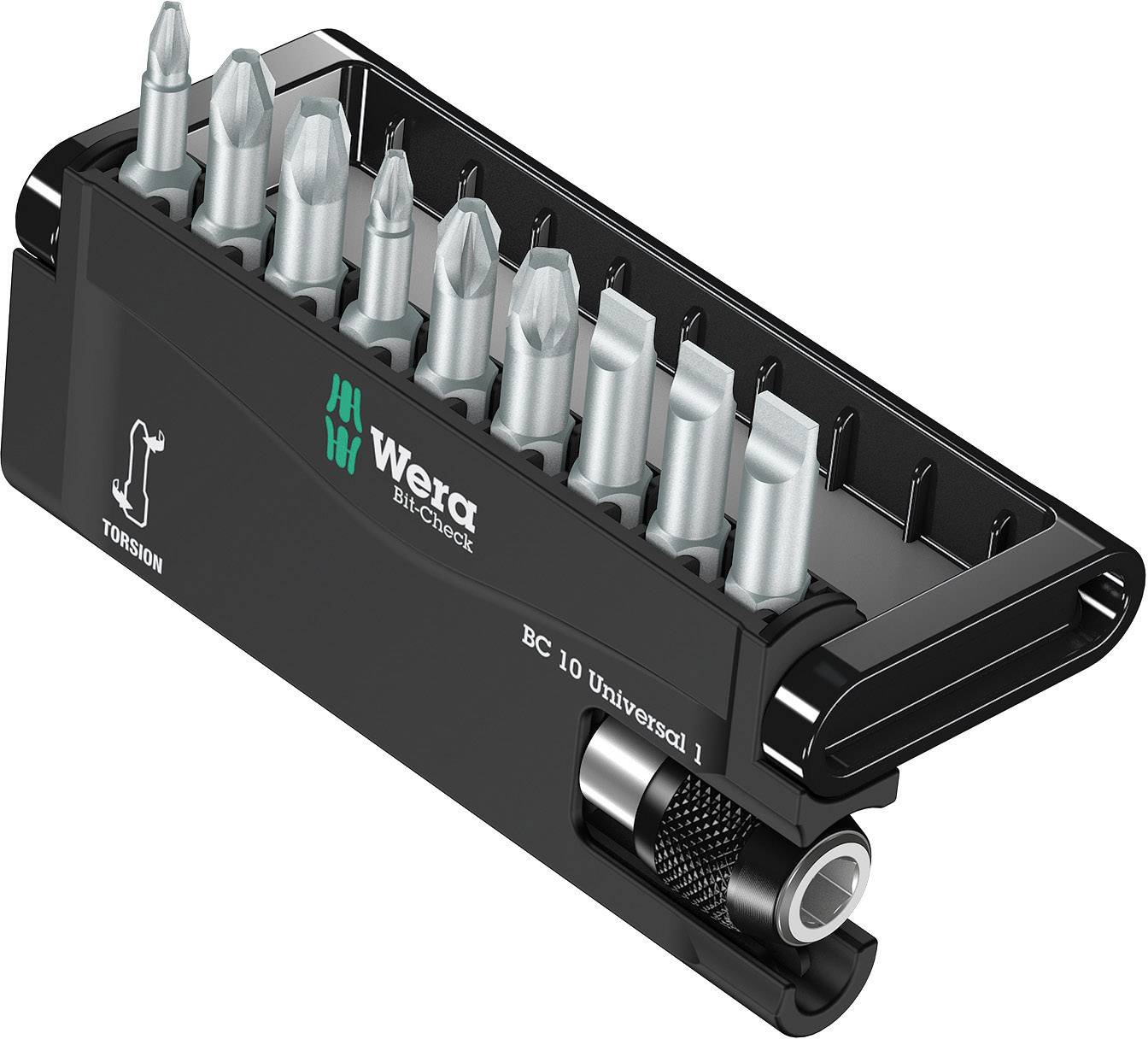 Ein schwarzes Bit-Set mit zehn silbernen Bits, die in einer Halterung organisiert sind. 'Wera' Logo und 'BC 10 Universal 1' Beschriftung vorhanden.