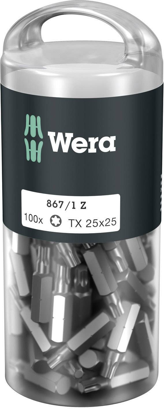 Packung mit 100 Wera Torx Bits, Größe TX 25x25, in einem transparenten Kunststoffbehälter mit abnehmbarem Deckel.