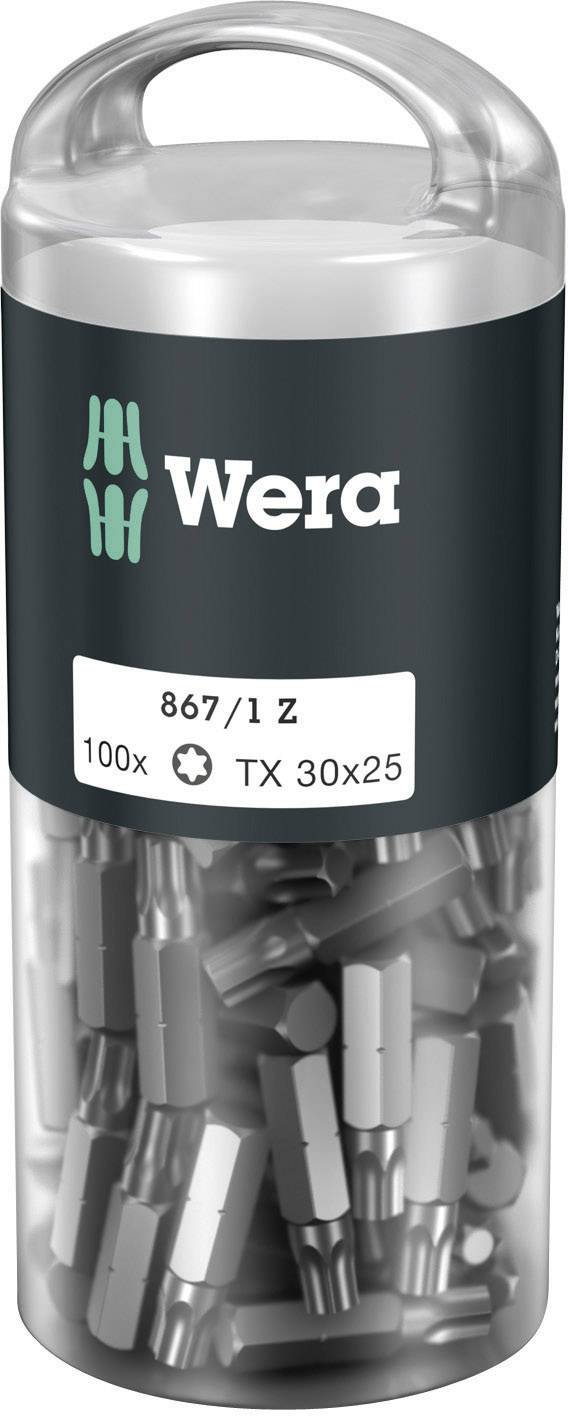 Eine durchsichtige Kunststoffverpackung mit 100 Wera TX 30x25 Schraubbits, etikettiert mit '867/1 Z'.