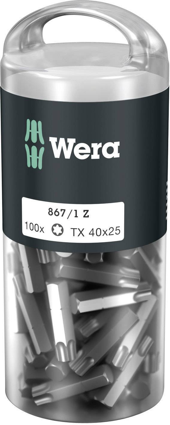 Kunststoffbehälter mit 100 silbernen TX 40x25 Schraubbits der Marke Wera.
