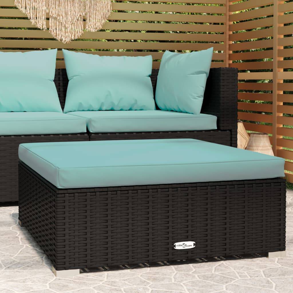 vidaXL Garten-Fußhocker mit Kissen Schwarz 70x70x30 cm Poly Rattan