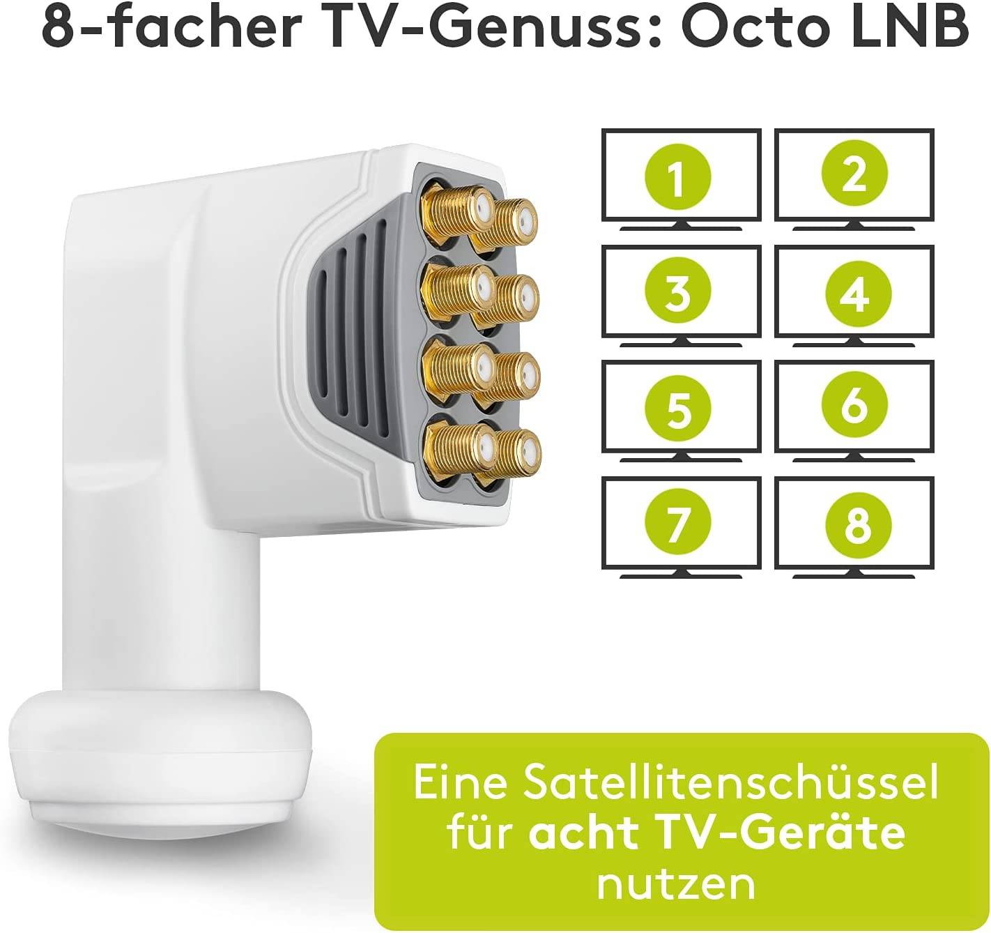 Goobay 67273 Universal Octo LNB für 8x Teilnehmer UHD 8K vergoldete F-Buchsen wasserdicht SAT LNB digital DVB-S2 & DVB-S