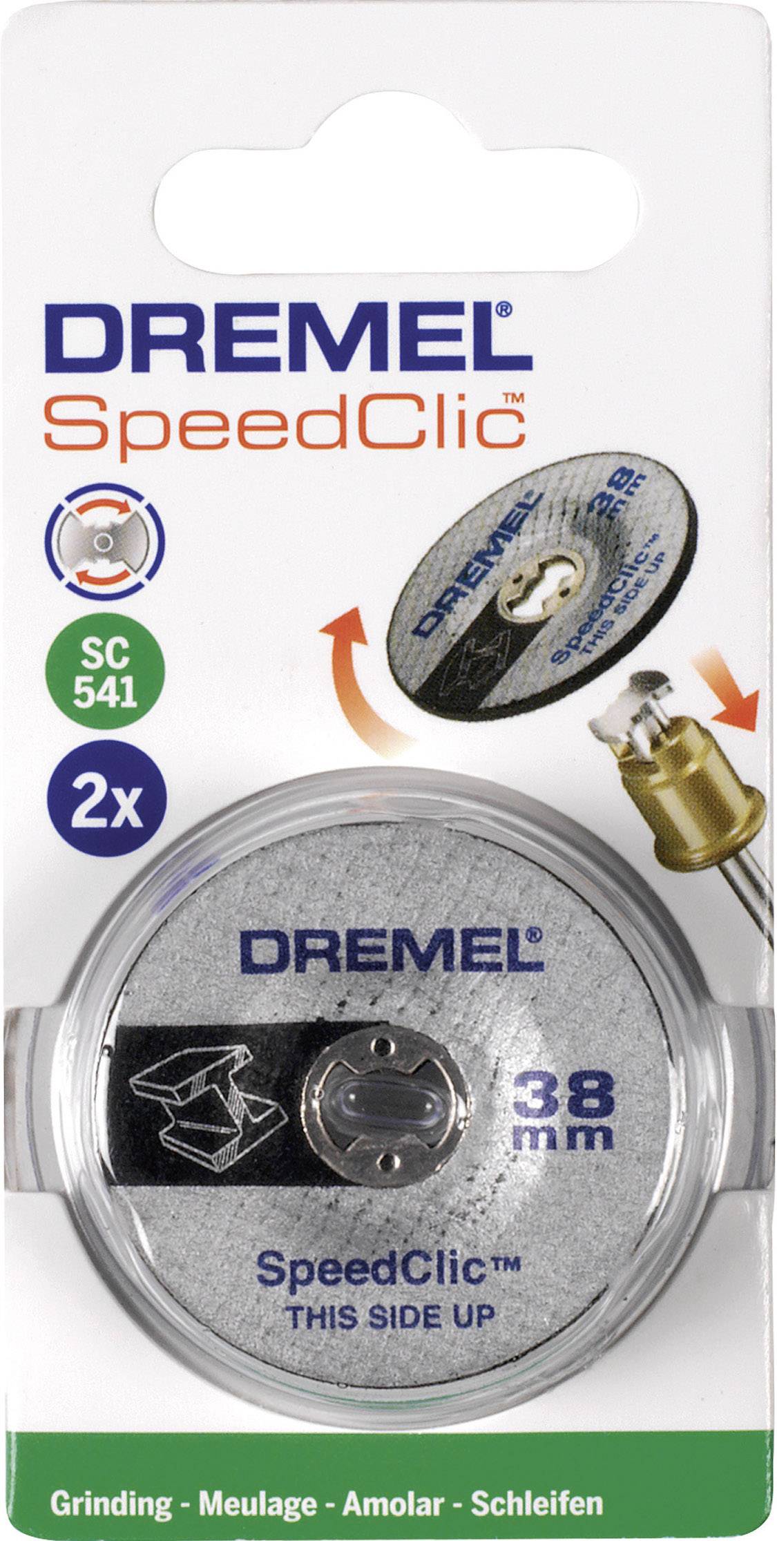 Die Verpackung enthält eine Dremel SpeedClic Schleifscheibe, Durchmesser 38 mm, mit einem Schnellwechselsystem für effizienten Einsatz.