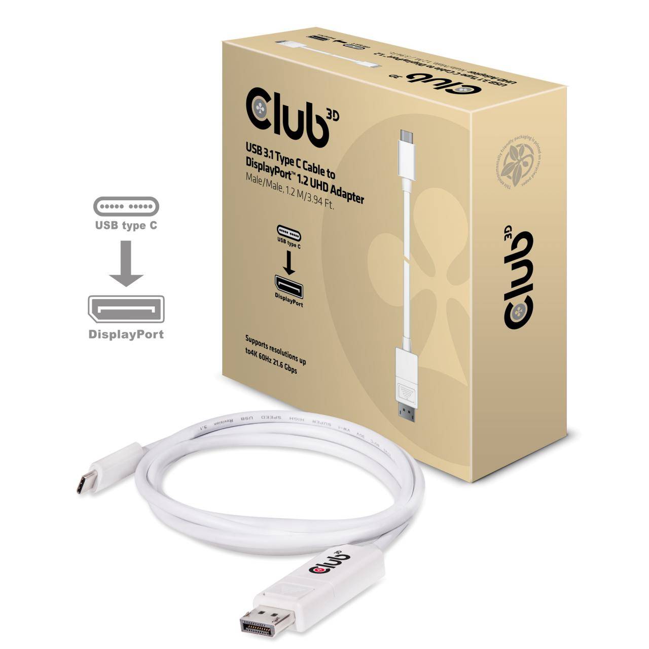 club3D USB-C® / DisplayPort Adapterkabel USB-C® Stecker, DisplayPort Stecker 1.20 m Weiß CAC-1517 DisplayPort-Kabel