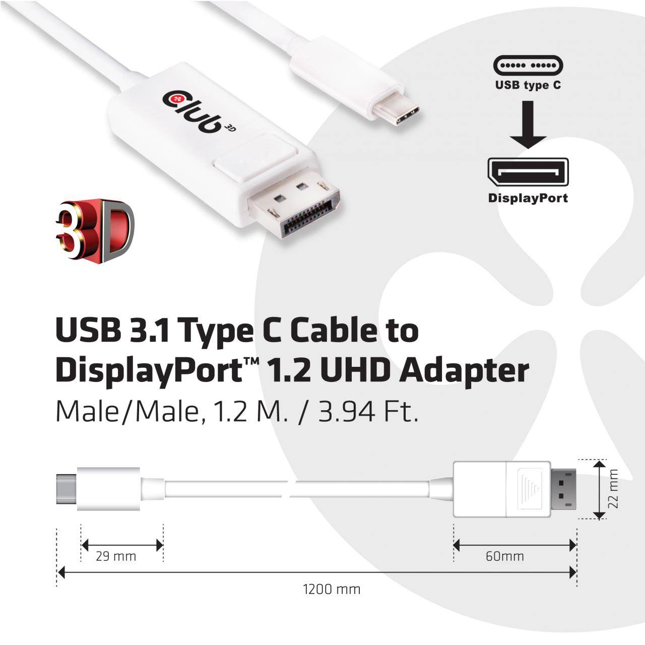 club3D USB-C® / DisplayPort Adapterkabel USB-C® Stecker, DisplayPort Stecker 1.20 m Weiß CAC-1517 DisplayPort-Kabel