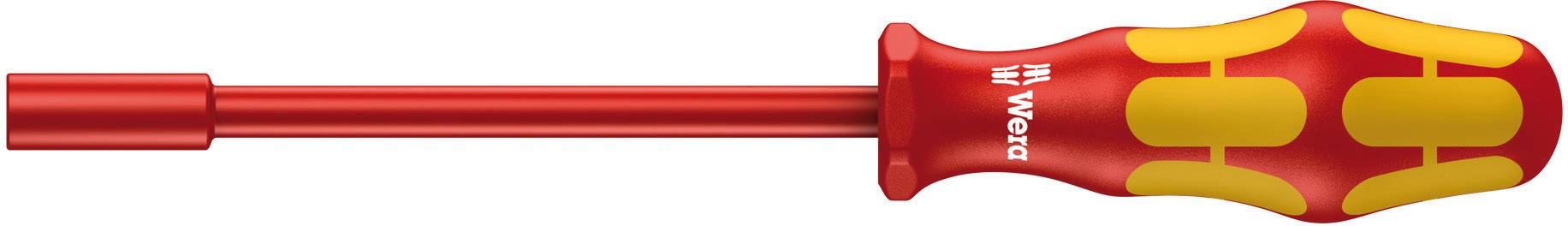 Roter Schraubendreher mit gelbem Griffmuster, seitliche Ansicht, geeignet für Handwerksarbeiten oder Reparaturen.
