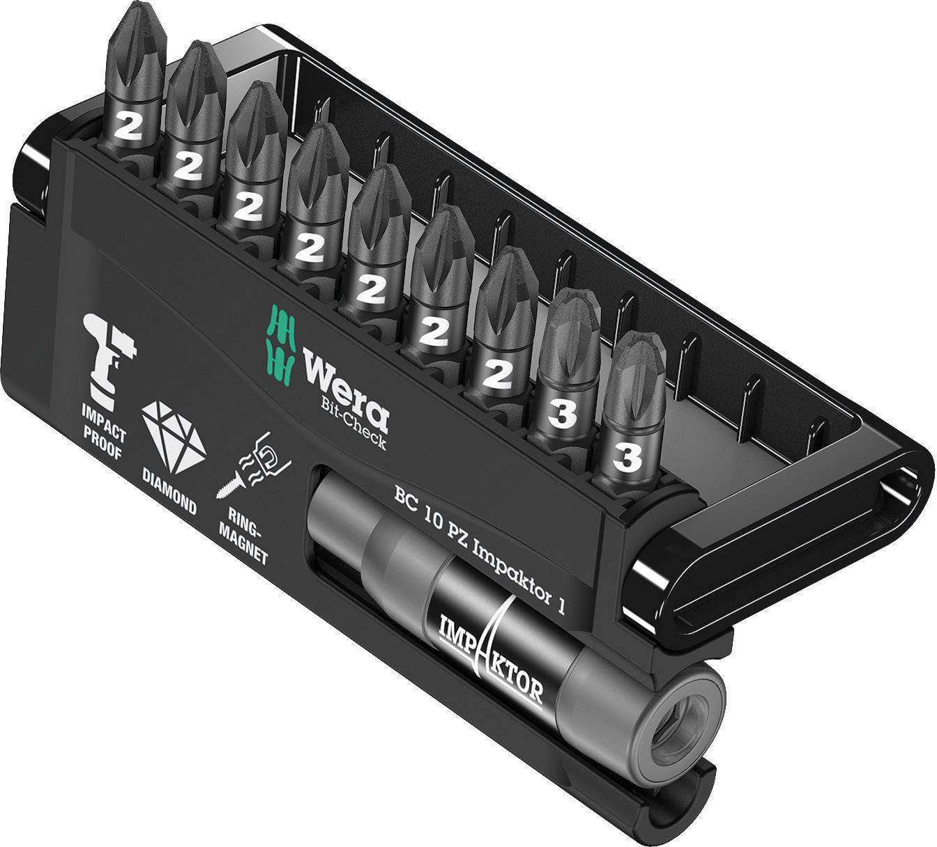 Schwarzes Wera Bit-Set mit zehn PZ 2 Spitzen, beschriftet mit 'Impact Proof' und 'Ring Magnet', in einem Halter organisiert.