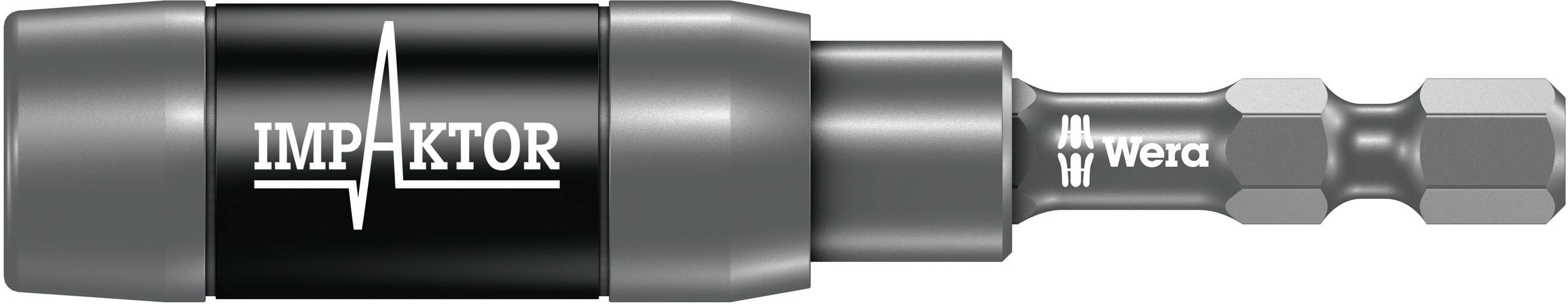 Magnetischer Bit-Halter für Schraubendreher mit der Aufschrift 'Impaktor' und 'Wera', schwarz und grau, geeignet für harte Materialien.