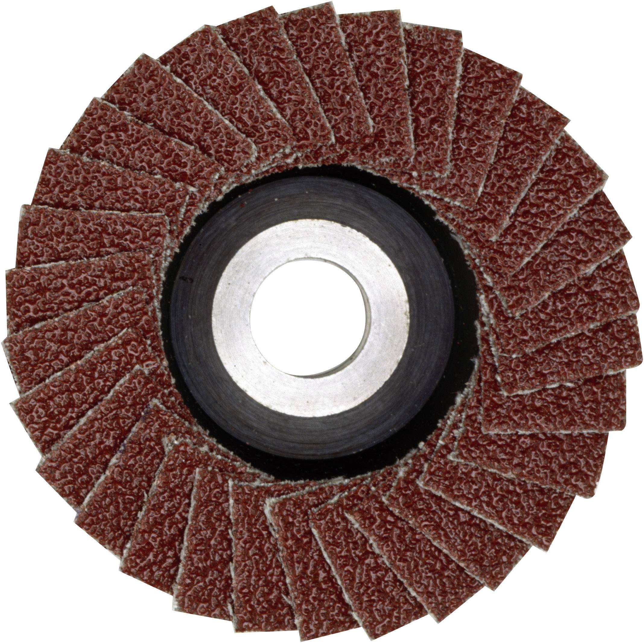 Schleifscheibe mit radial angeordneten Schleifblättern, zentralem Loch für Montage auf Schleifmaschine, in braun-roter Farbe.