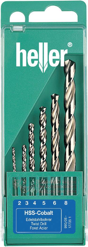 Heller 17735 D HSS Metall-Spiralbohrer-Set 6teilig 2 mm, 3 mm, 4 mm, 5 mm, 6 mm, 8mm Cobalt DIN 338 Zylinderschaft 1 Set