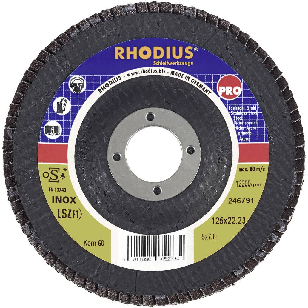 Schleifscheibe von Rhodius, max. 80 m/s, 125x22,23 mm, für Edelstahl (INOX), Körnung 60, lösemittelfrei, Produktnummer 246791.