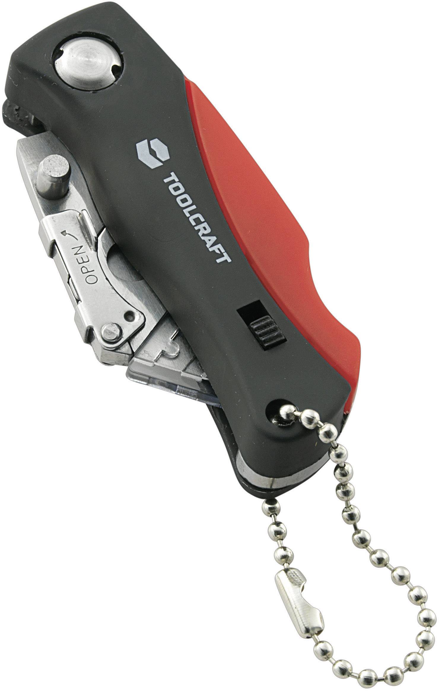 Taschenmesser mit Kunststoffgriff und Kettenanhänger. Klinge ist in Schwarz, zusammenklappbar. Marke: TOOLCRAFT.