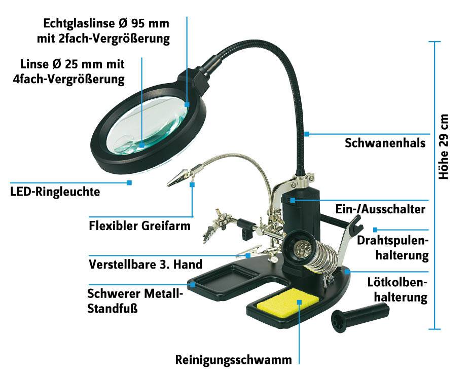TOOLCRAFT 826054 LED-Lupenleuchte mit 3. Hand Vergrößerungsfaktor=2 x, 4 x 2021 Energieeffizienzklasse n.rel