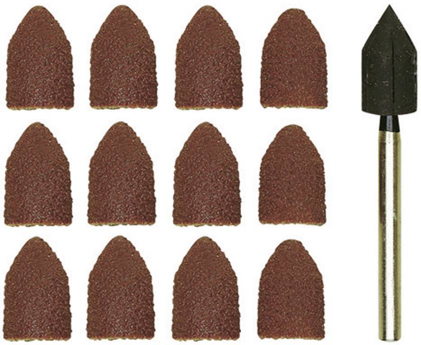Zwölf rote Schleifkappen und ein Metallträger mit schwarzer Spitze, verwendet für Schleifarbeiten.