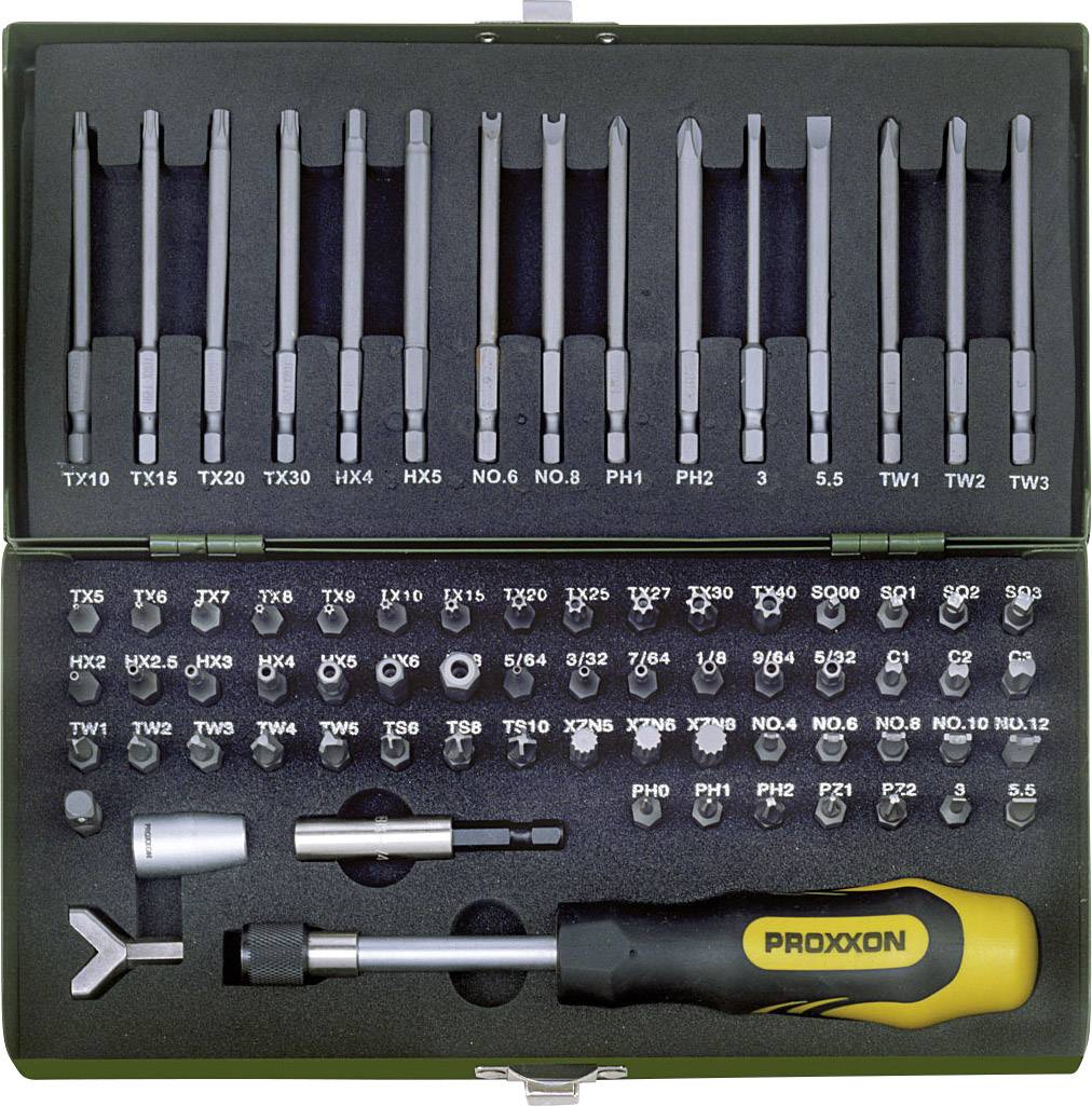 Proxxon Industrial 23 107 Bit-Set 75teilig Schlitz, Kreuzschlitz Phillips, Kreuzschlitz Pozidriv, Tri-Wing, Innen-Vierkant