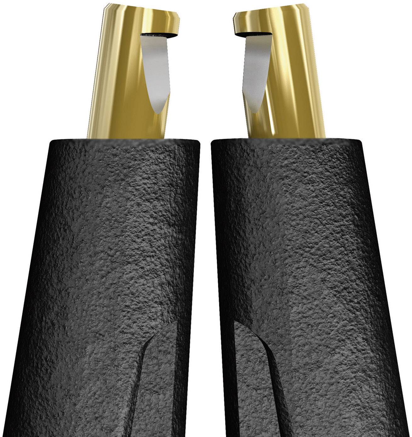 Nahaufnahme eines schwarzen Stifts mit zwei goldenen Metallspitzen, die Klingen zeigen. Moderne, elegante Designmerkmale hervorgehoben.