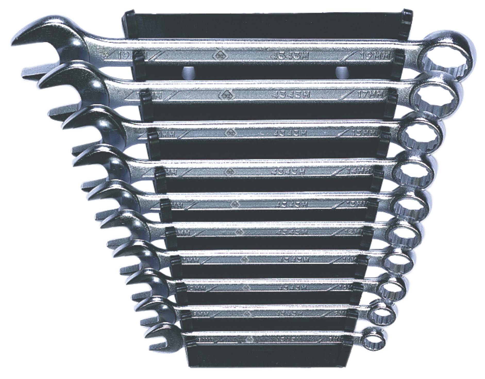 Ein Set von neun Schraubenschlüsseln in verschiedenen Größen, organisiert in einem Halter, von klein oben bis groß unten.