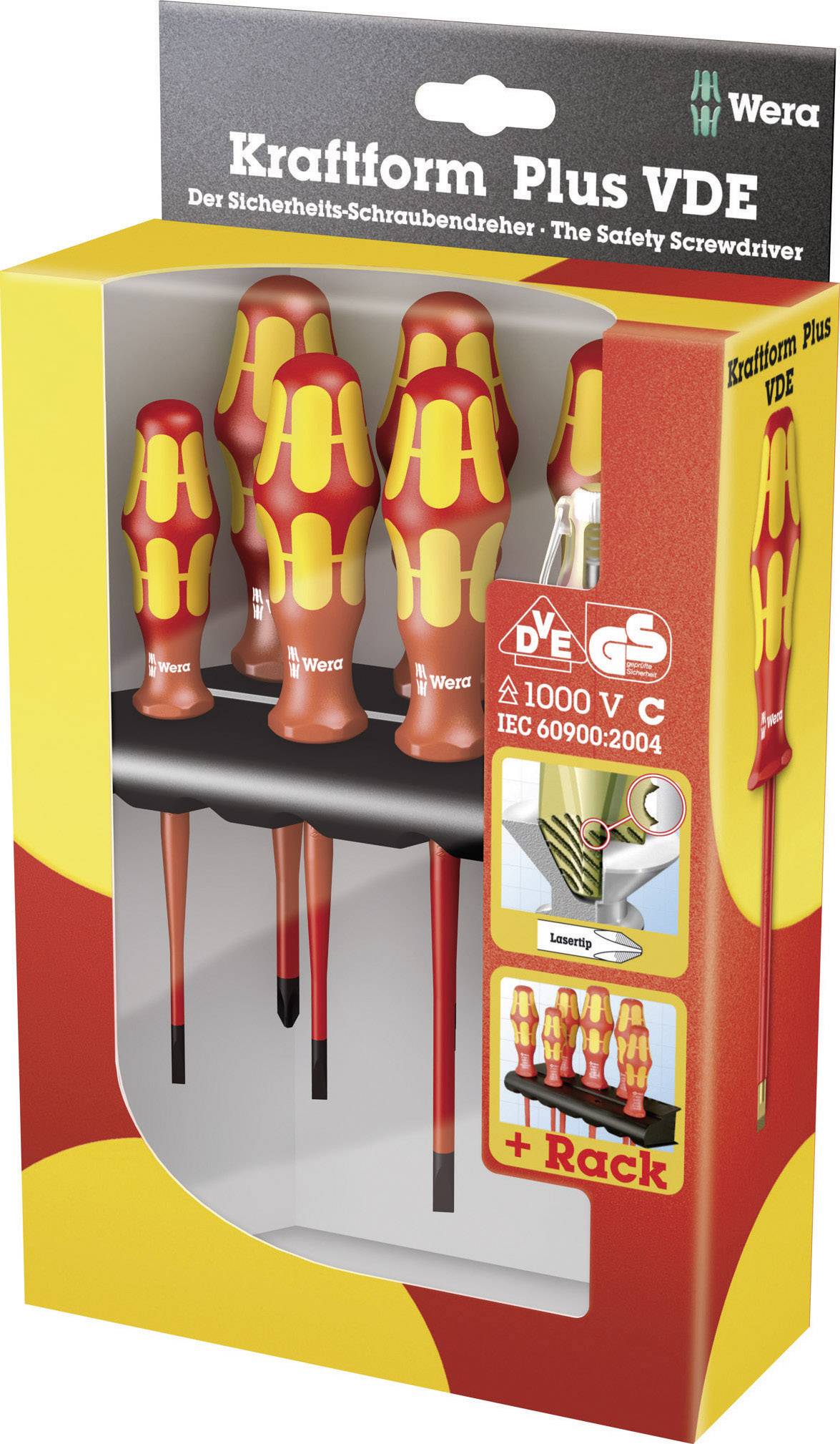 Verpackung mit Wera Kraftform Plus VDE Schraubendreher-Set. Sechs rote Schraubendreher mit gelben Griffen und einem Halter. Geeignet für Arbeiten an stromführenden Teilen bis 1000V AC.