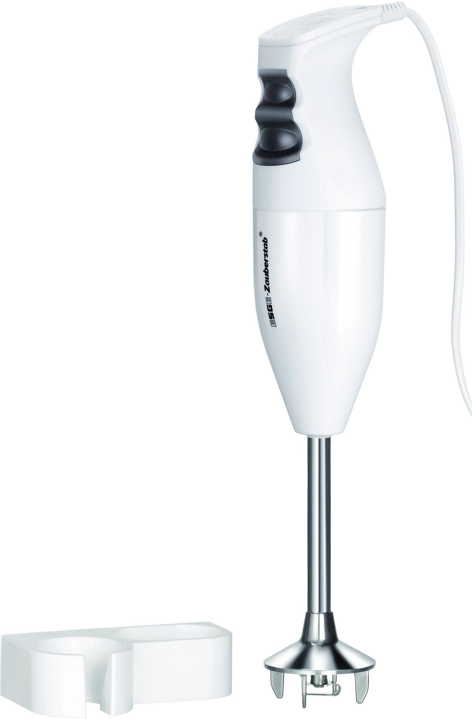 Ein weißer Stabmixer mit schwarzem Griff und abnehmbarem Mixfuß, daneben ein weißer Standfuß. Perfekt zum Pürieren und Mixen.