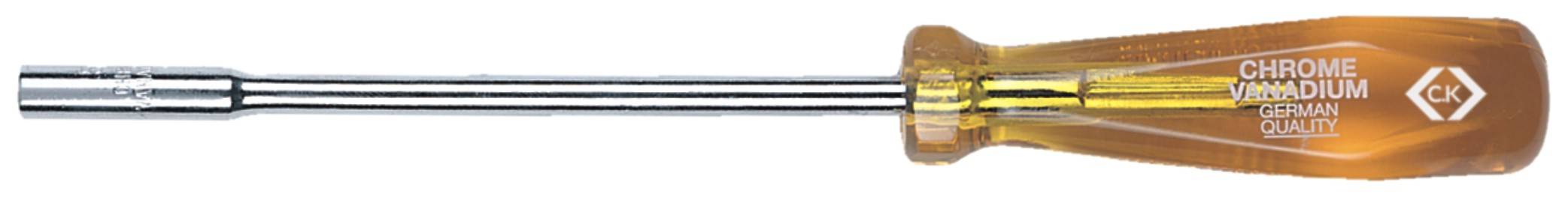 Schraubendreher mit durchsichtigem, bernsteinfarbenem Griff und verchromtem Schaft, beschriftet mit 'Chrome Vanadium'.