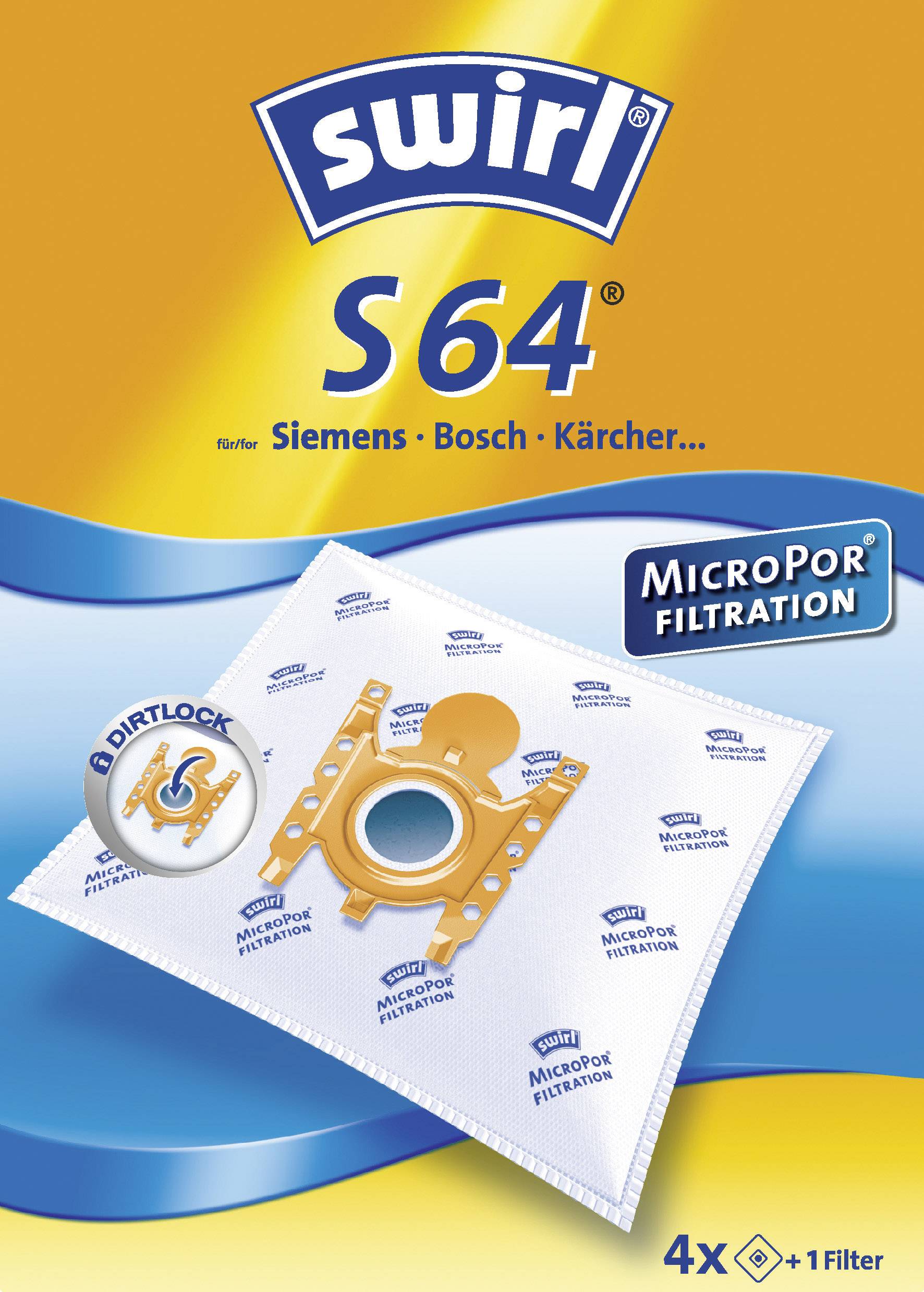 'Swirl S 64' Staubsaugerbeutelverpackung mit MicroPor Filtration, passend für Siemens, Bosch, Kärcher. Enthält 4+1 Beutel.