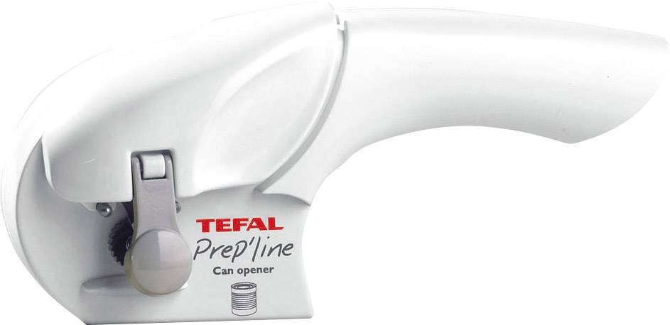 Weißer Dosenöffner von Tefal mit der Aufschrift 'Prep'line Can opener'.