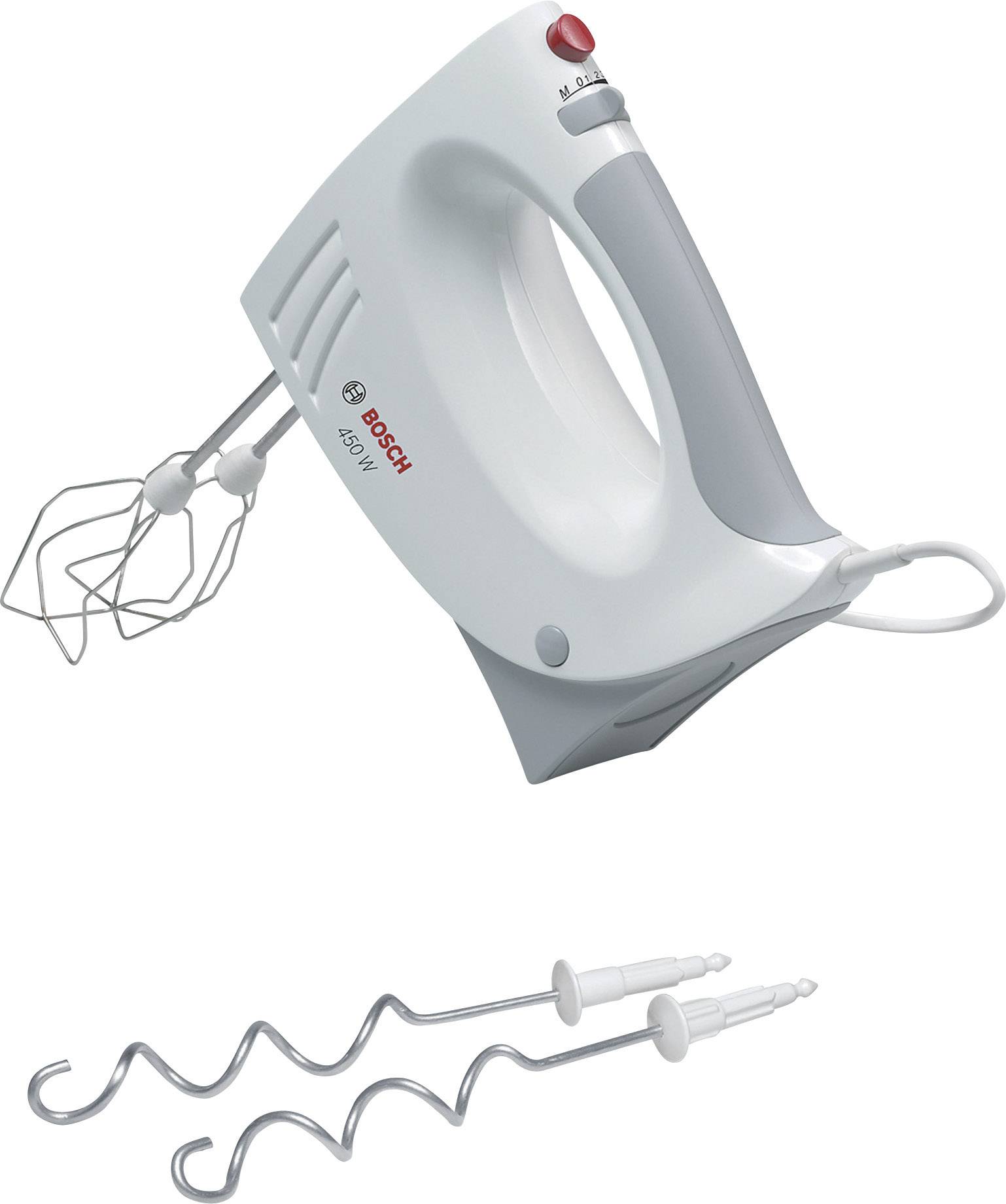 Ein weißer Handmixer mit grauem Griff und rot-schwarzen Bedienelementen, abgebildet mit zwei Quirlen und zwei Knethaken.