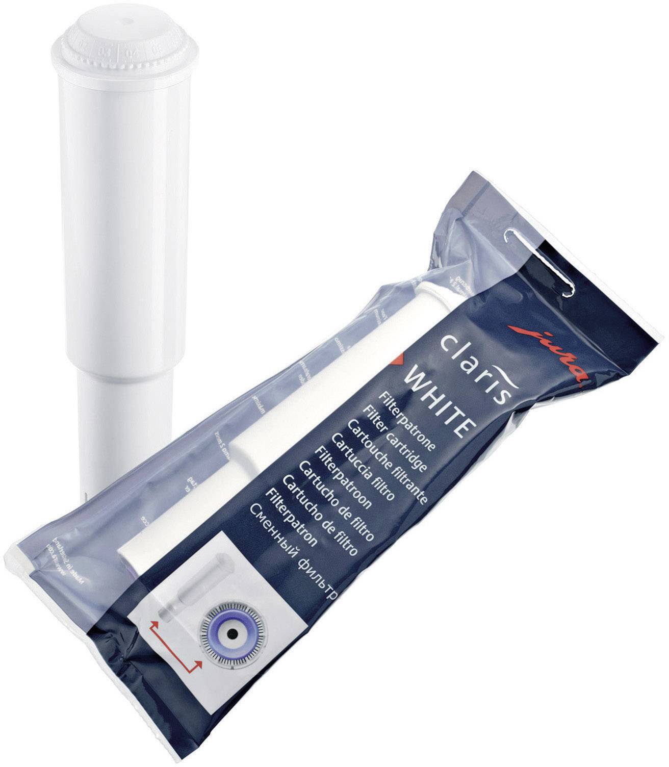 Wasserfilterkartusche 'Claris White' neben einer Verpackung. Die Kartusche ist für die Verbesserung der Wasserqualität in Kaffeemaschinen bestimmt.