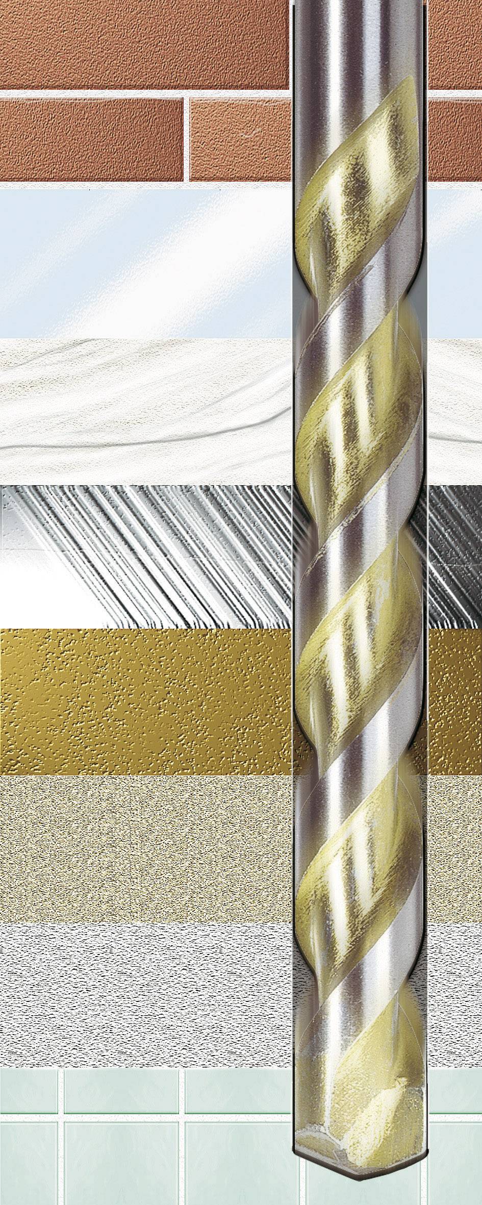 Bohrer, der durch verschiedene Materialien bohrt: Ziegel, Fliesen, Holz, Metall, Kunststoff, Beton, Glas.
