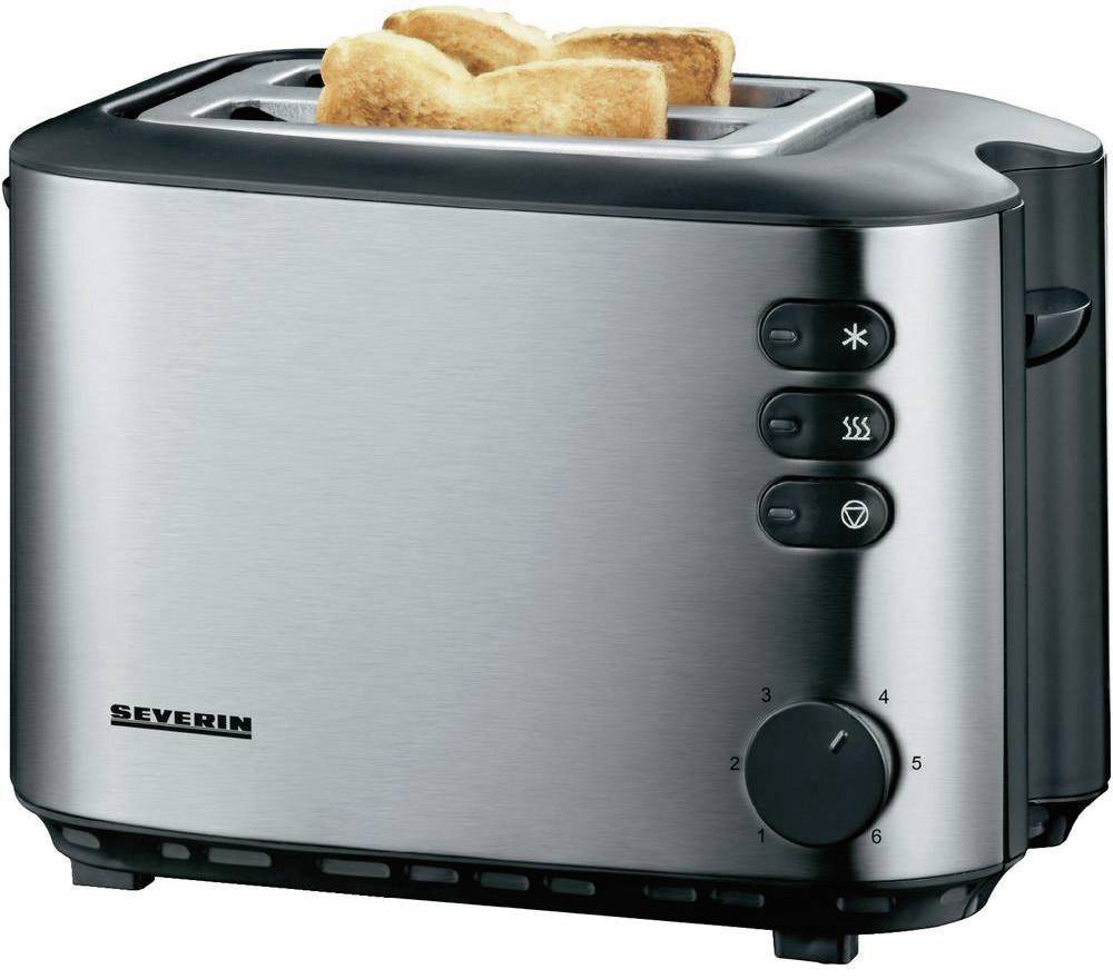 Ein silberner Toaster mit zwei Toastscheiben oben, drei Tasten seitlich und ein Drehregler für die Bräunungsstufe unten rechts.