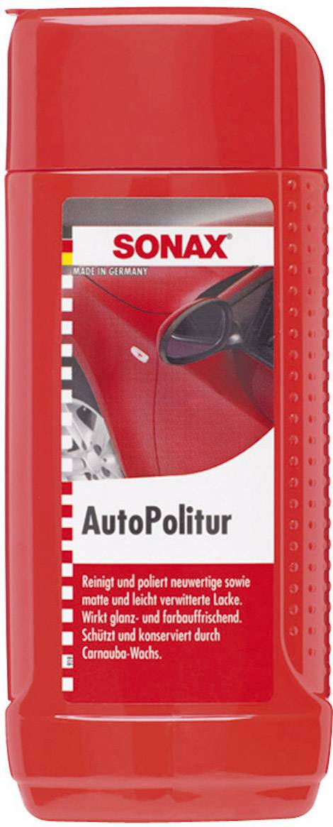 Rote Flasche mit SONAX-Logo und der Aufschrift 'AutoPolitur'. Verspricht Reinigung, Glanz, Farbauffrischung und Schutz mit Carnauba-Wachs.