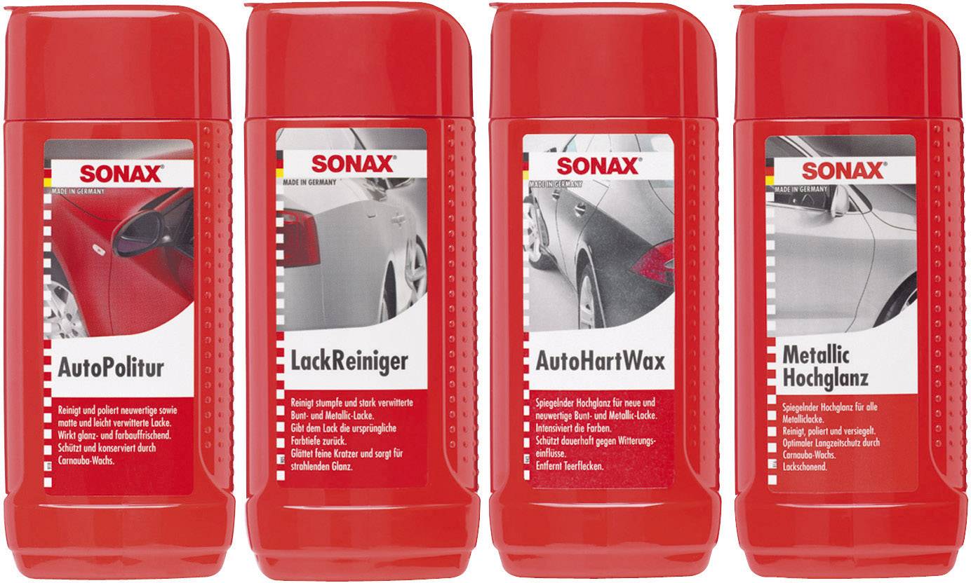 Vier rote Flaschen Autopflegeprodukte nebeneinander. Jede trägt ein Etikett mit der Marke 'Sonax' und spezifischen Anwendungen: Politur, Reiniger, Hartwachs, Hochglanz.