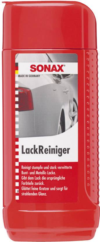 Rote Flasche mit 'LackReiniger' von Sonax, zeigt ein Auto. Text beschreibt Anwendung zur Reinigung und Glanzverbesserung von Lack.