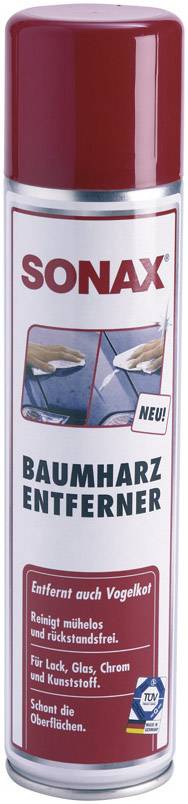 'SONAX Baumharz Entferner' Spraydose. Entfernt Baumharz und Vogelkot von Oberflächen. Geeignet für Lack, Glas, Chrom, Kunststoff.