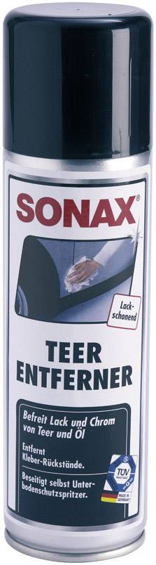 Eine Spraydose mit der Aufschrift 'SONAX Teerentferner'. Entfernt Teer- und Ölflecken von Lack und Chrom, mild zur Oberfläche.
