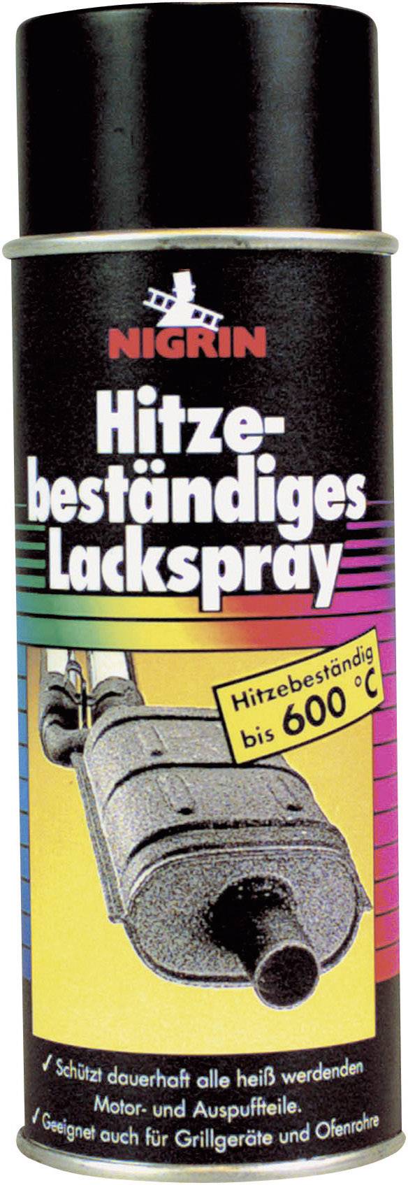 Ein Spraydose mit der Aufschrift 'Hitzebeständiges Lackspray', hitzebeständig bis 600 °C. Geeignet für Motoren und Auspuffe.