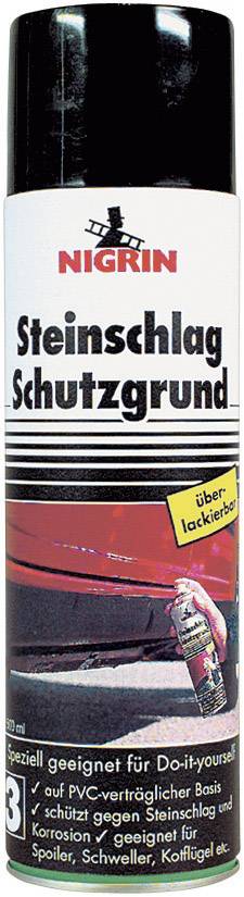 Sprühdose mit der Aufschrift 'Nigrin Steinschlag Schutzgrund'. Empfohlen für DIY-Anwendung, schützt vor Steinschlag und Korrosion.