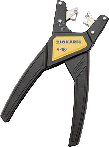 Abisolierzange mit schwarzem Griff und gelbem Etikett für Kabeldurchmesser von 6-16 Quadratmillimetern.