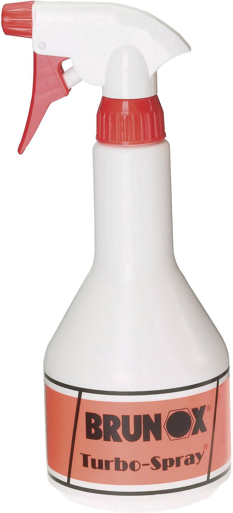 Eine weiße Sprühflasche mit rotem Etikett und Aufschrift 'BRUNOX Turbo-Spray'.