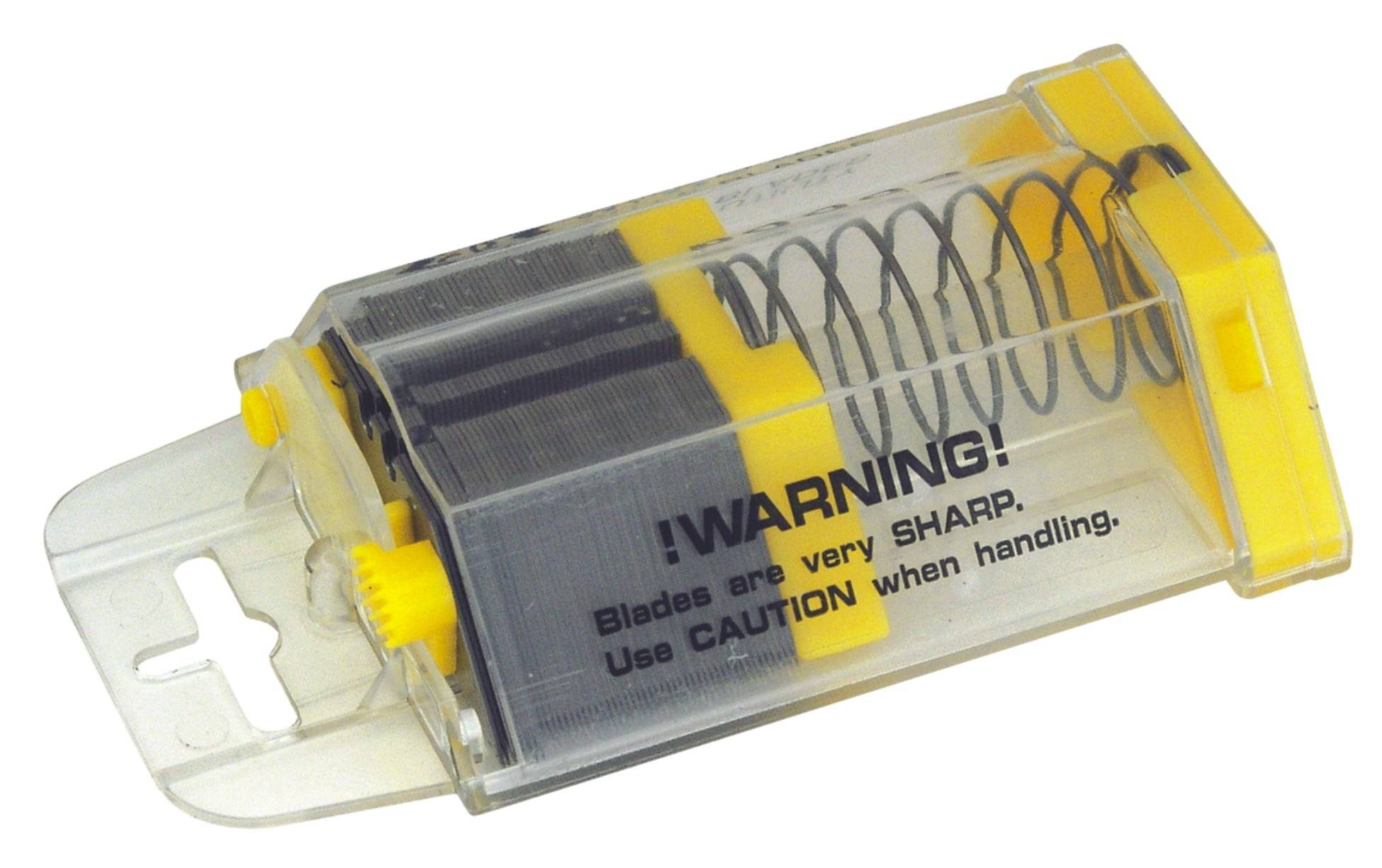 Plastikbehälter mit gelben und schwarzen Klingen, spiralförmiger Federmechanismus und Aufschrift 'WARNING! Blades are very SHARP.'