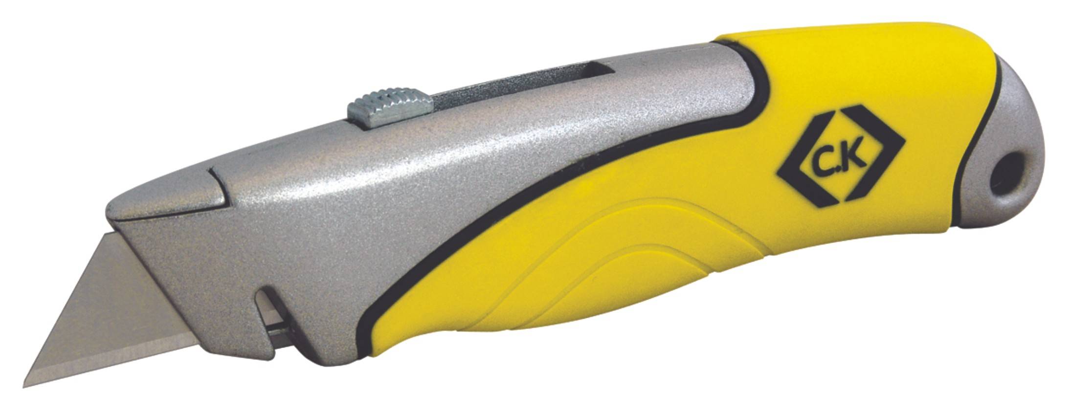 Ein gelbes und graues Sicherheitsmesser mit einfahrbarer Klinge, geeignet für präzises Schneiden. Markenlogo auf dem Griff.