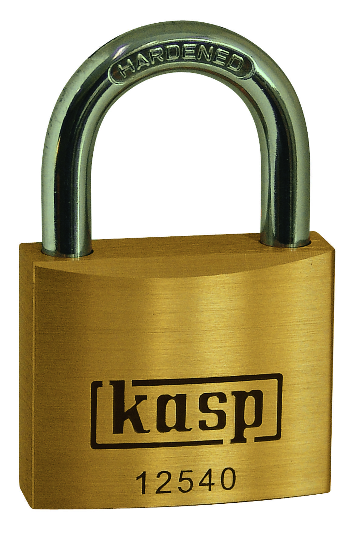 Ein Vorhängeschloss aus Messing mit der Aufschrift 'kasp' und der Nummer '12540'. Der Bügel ist aus gehärtetem Metall.