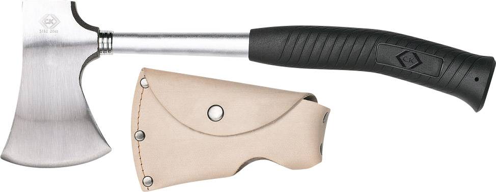 Silberne Axt mit schwarzem Griff und beiger Lederhülle daneben. Ideal für handwerkliche Arbeiten oder Outdoor-Aktivitäten.
