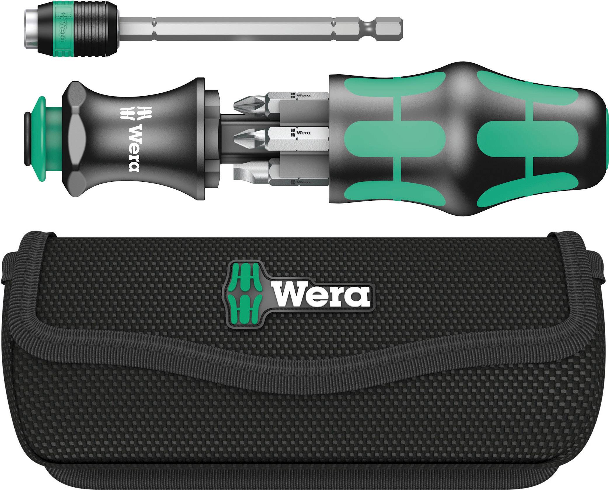 'Wera Kraftform Kompakt 20' Set mit Schraubendreher und Bits, in schwarzer Tasche. Ergonomischer Griff, grün-schwarzes Design.