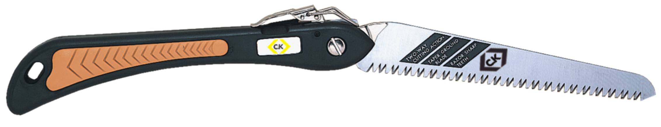 Klappsäge mit ergonomischem Griff und gezahnter Klinge, geeignet für Garten- oder Outdoor-Arbeiten.