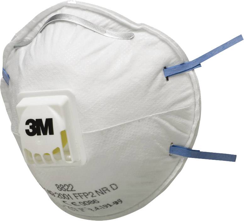 Eine weiße FFP2-Maske mit Ventil und blauen Gummibändern, bedruckt mit '3M' auf der Vorderseite. Geeignet für Atemschutz.