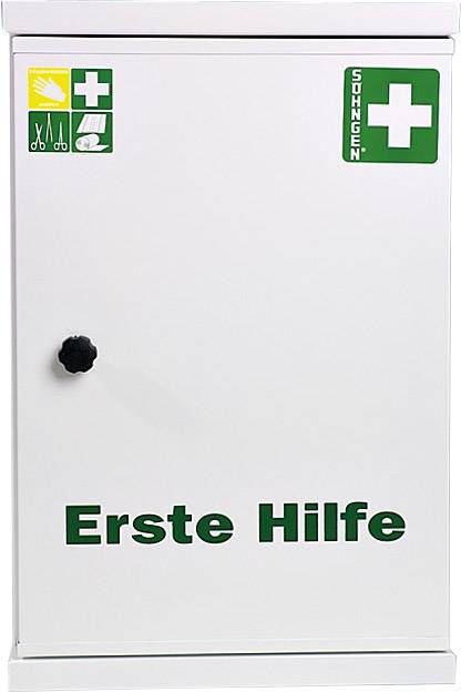 Erste-Hilfe-Schrank mit grünem Kreuz. Enthält wichtige medizinische Grundausstattung.