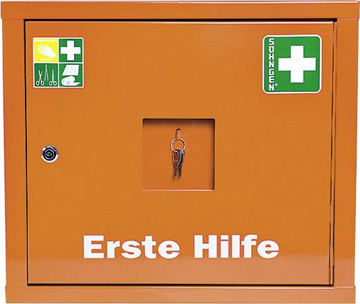 Orange Metallkasten mit der Aufschrift 'Erste Hilfe', einem kleinen Schloss und Schlüsseln. Enthält Symbole für medizinische Notfälle.