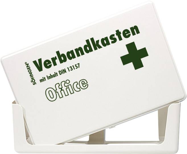 Ein weißer Verbandskasten mit grünem Kreuz, der die Aufschrift 'Verbandkasten Office mit Inhalt DIN 13157' trägt.