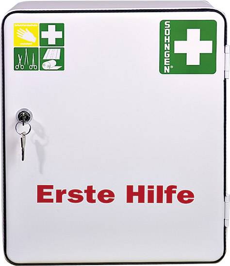 Erste-Hilfe-Kasten mit grünem Kreuz und Symbolen für medizinische Instrumente. Aufschrift 'Erste Hilfe' deutet auf Notfallversorgung hin.